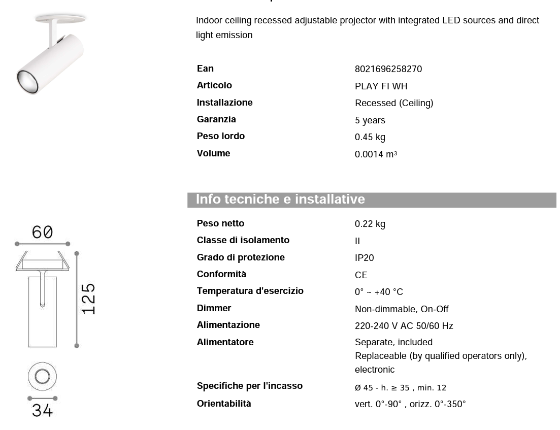 Play fi Faretto Incasso led per controsoffitto orientabile bianco
