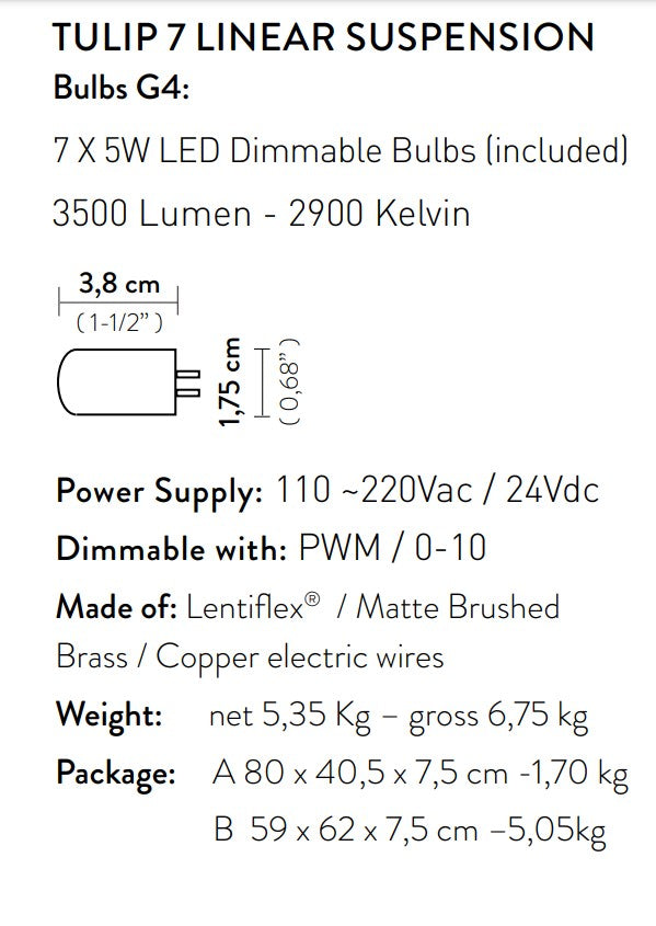 Tulip 7 Linear Suspension Lampadario 7 luci in Ottone Satinato Lentiflex®