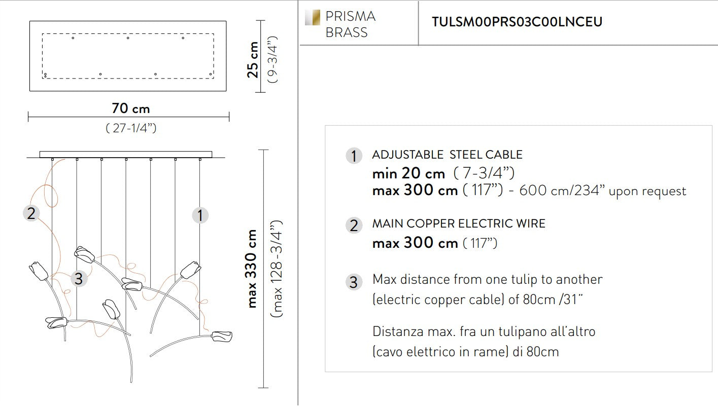 Tulip 7 Linear Suspension Lampadario 7 luci in Ottone Satinato Lentiflex®